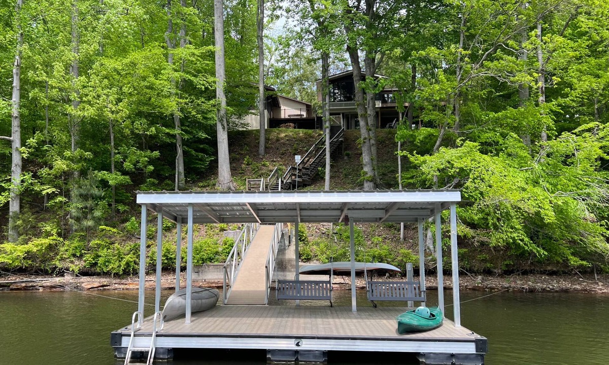 Winchester House | Lakefront home, covered dock with swings, peaceful, quiet, wide cove.