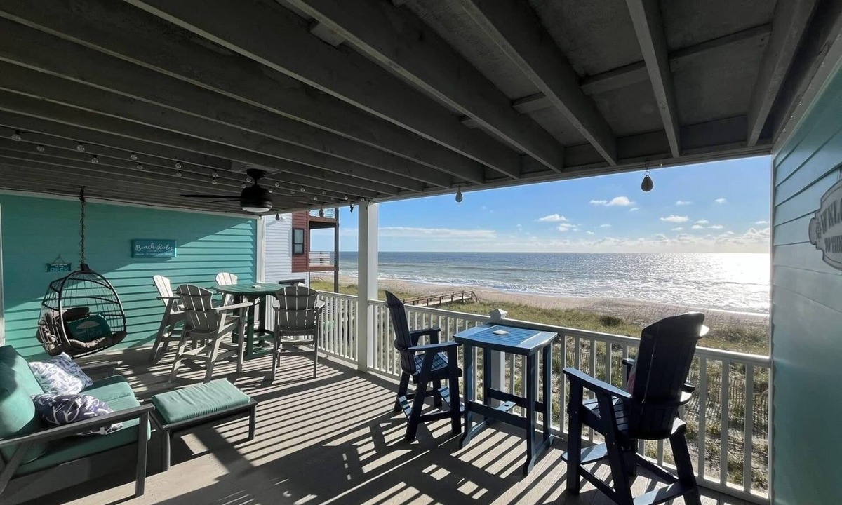 Wilmington Beach Condo | Oceanfront&Pool,Huge Shaded Deck 9+family seating&swing,linens,beachchairs, toys