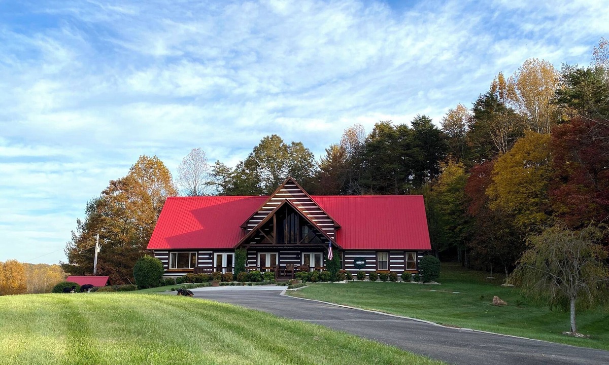 Mount Airy Cabin | Red-Roof 17-Acre Cabin Estate with Hot Tub and Blue Ridge Views!