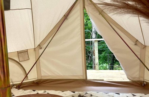 Gentry RV Rental | Enchanted Woodland Glamping Tent with Fire Pit & Clubhouse Kitchen Access Near Gentry, Arkansas