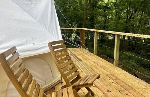 Gentry RV Rental | Enchanted Woodland Glamping Tent with Fire Pit & Clubhouse Kitchen Access Near Gentry, Arkansas