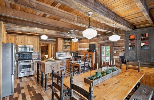 Guntersville Cabin | Historic lakefront log cabin on Lake Guntersville, restored from two pre-Civil War cabins. Sleeps 20 with 4BR/5BA, loft bunks, designer finishes, modern comforts, and steps to swimming, fishing & boating.
