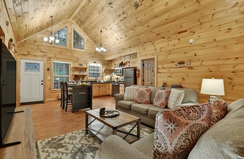 Ellijay Cabin | Mountain Livin' beckons with pet-friendly charm, complete with a fenced yard, soothing hot tub, crackling firepit, and reliable WiFi