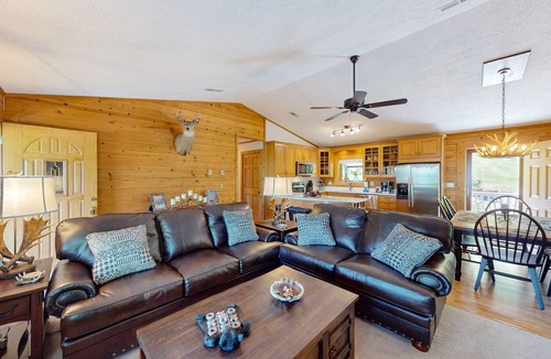 Waynesville House | Mountain view home with a furnished deck, gas fireplace and washer/dryer