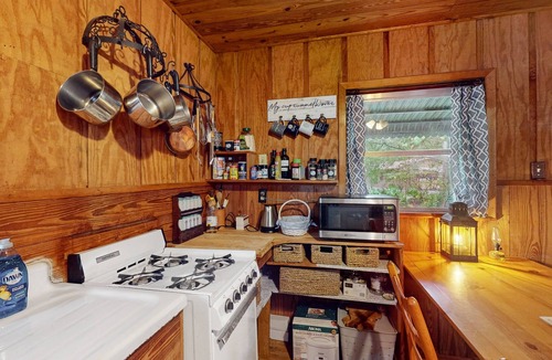 Bronson Cabin | Rustic riverfront cabin with views, firepit, grill, canoe, kitchen, & W/D